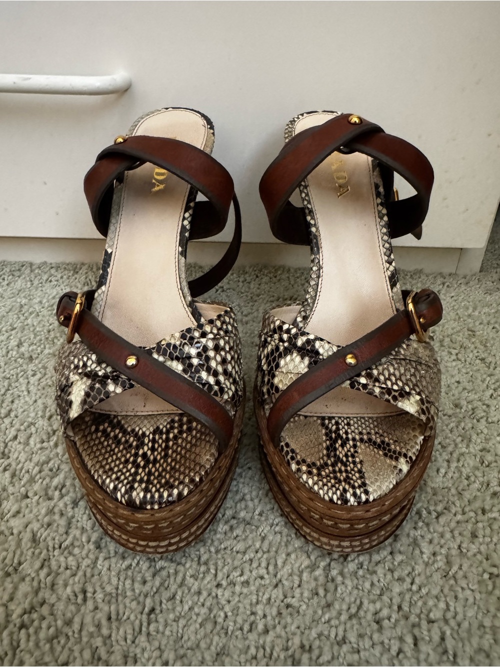 Prada Snakeskin Crisscross Platform Sandals Size 38 - Picture 5 of 12